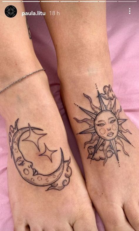 Sun And Moon Foot Tattoo, Sun And Moon Hip Tattoo, Top Of Foot Tattoos For Women, Inner Thigh Tattoos, Hand Tattoo Designs, Bum Tattoo, Foot Tattoos For Women, Forearm Tattoo Design, Sun Tattoos