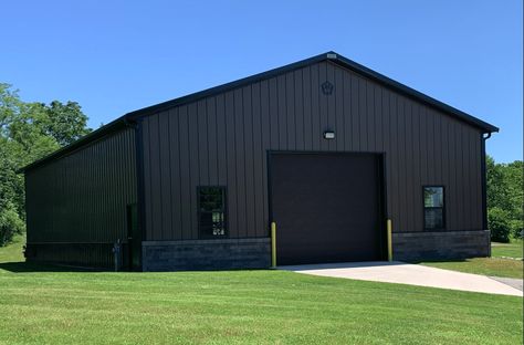 Black Trim Pole Barn Black Pole Building, Shop With Small Living Quarters, Burnished Slate Metal Building, Pole Barn Colors Scheme, Barn Ideas Buildings, Basketball Garage, Black Pole Barn House, Black Pole Barns, Black Metal Shop