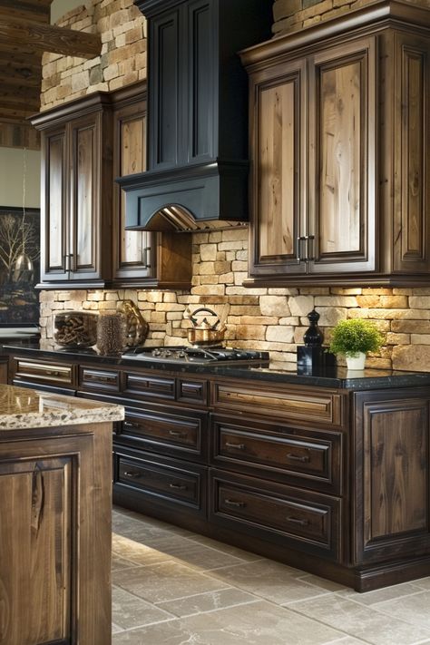 Rustic kitchens are known for their warmth, with elements like natural wood and stone creating a welcoming vibe. Click to see more ideas. Rustic Kitchen Backsplash Ideas Tile, Rustic Kitchen Backsplash Ideas, Modern Rustic Kitchen Ideas, Kitchen With Dark Cabinets, Wrought Iron Pendant Light, Rustic Kitchen Backsplash, Modern Rustic Kitchen, Rustic Kitchen Ideas, Reclaimed Wood Cabinet