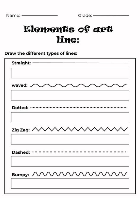 Elements Of Art Line Worksheet, Elements Of Art Elementary, Elements Of Art Activities, Drawing Exercises For Kids, Art Worksheets For Kids, Elements Of Art Worksheet, Creating Worksheets, Line Art Projects, Line Art Lesson