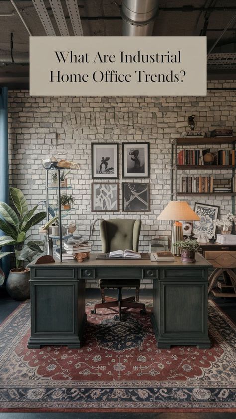 Discover the latest industrial home office trends like steampunk decor DIY 🛠️ and modern industrial living room touches. Incorporate welded furniture and a wood and metal desk 🪵 for a functional yet stylish workspace. Add a dark home office aesthetic with bold and vintage lighting 💡 to complete the look. These trends redefine workspace. #IndustrialHomeDesign #DIYIndustrialHomeDecor #ModernIndustrialDecor #WoodAndMetalDesk #DarkHomeOfficeAesthetic #IndustrialLivingRoomDesign #WeldedFurniture Modern Office Aesthetic, Steampunk Decor Diy, Dark Home Office, Industrial Diy Projects, Diy Industrial Home Decor, Industrial Home Office, Modern Industrial Living Room, Wood And Metal Desk, Industrial Living Room Design