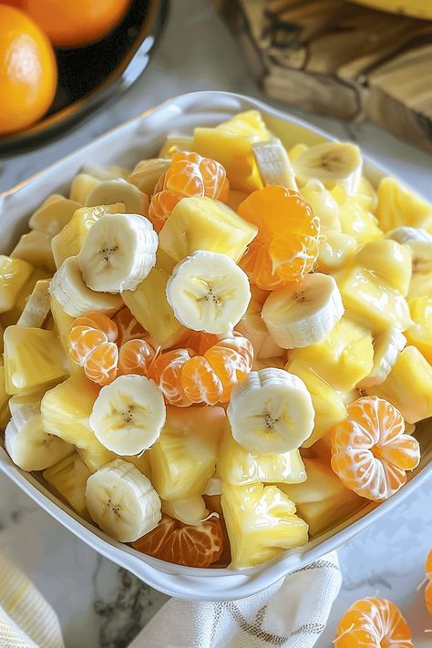 Sunshine Salad Sunshine Salad Recipe, Banana Fruit Salad, Sunshine Salad, Fruit Delight, Au Gratin Potato Recipes, Au Gratin Recipes, Sugar Free Jello, Sugar Free Pudding, Mandarin Oranges