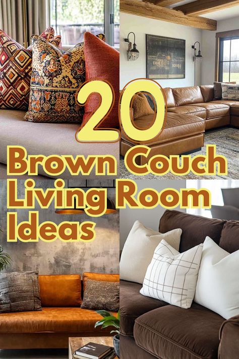 If you have a brown couch and need styling ideas, we’ve got you covered! These 20 brown couch living room ideas will give your space a fresh, stylish, and inviting look. #BrownCouchDecor #LivingRoomIdeas #HomeDecorInspiration #CozyLivingRoom #InteriorDesignTips Brown Couch With Rug Ideas, Coffee Brown Couch Living Room Ideas, Dark Brown Leather Couches Living Room, Chocolate Brown Couch Pillow Ideas, Living Room Inspiration Brown Sofa, Living Room Mood Board Brown Couch, Decorating Leather Couch, Brown Ottoman Living Room, Decor For Brown Couch Living Rooms