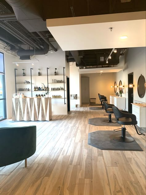 A cozy salon we love to share with Denver and anyone who visits here Salon Interior Design Industrial, Salon Entryway Ideas, Industrial Salon Design Interiors, Salon Suite Inspiration, Salon Owner Aesthetic, Hair Salon Layout, Salon Layout Ideas Floor Plans, Industrial Salon Design, Salon Suits