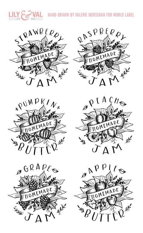 FREE Lily & Val for World Label Hand-Drawn Jam Label Downloads! Strawberry, Peach, Grape, Raspberry Jam plus Pumpkin & Apple Butter! Jam Labels, Labels Printables Free Templates, Wine Label Template, Canning Jar Labels, Printable Label Templates, Make Your Own Labels, Jam Label, Lily And Val, Packaging Bottle