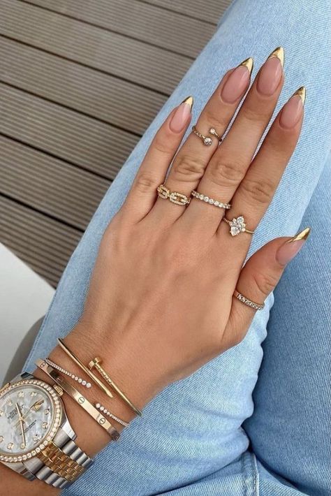 Almond Nails, French Manicure, Golden French Nails, Natural Nails, Trendy Nails, Rings, Wathes Women #nails Maquillage Yeux Cut Crease, Almond Nails Designs, Trendy Nail, Hot Nails, Minimalist Nails, Fabulous Nails, Dream Nails, Classy Nails, Funky Nails