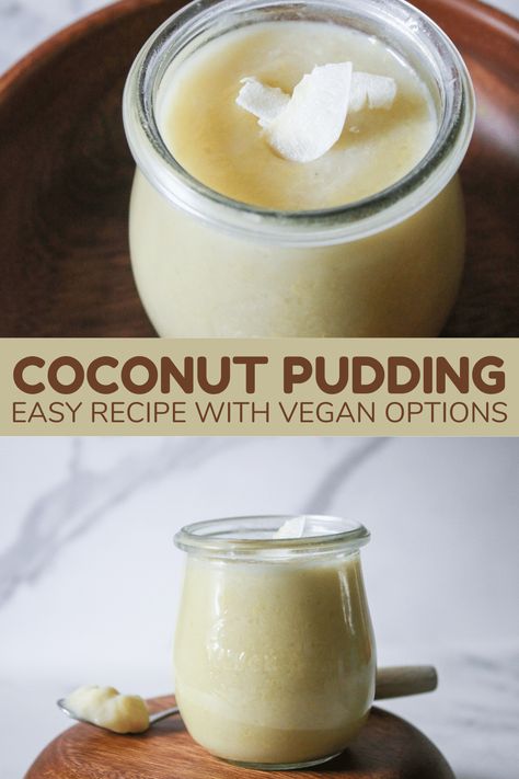 This is a creamy coconut pudding that is made from scratch and is delicous! This recipe offers traditional ingredients and vegan options! Coconut Milk Pudding Recipes, Homemade Coconut Pudding, Vegan Coconut Pudding, Sweetened Coconut Milk Recipes, Coconut Pudding Recipes, Jaggery Recipes, Milk Pudding Recipe, Coconut Milk Pudding, Coconut Milk Dessert