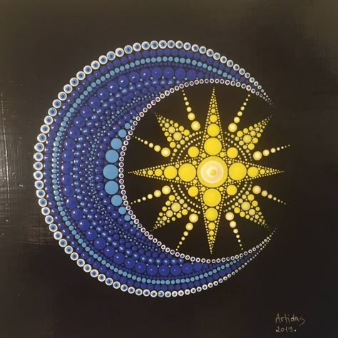 Sun And Moon Dot Art, Moon Dot Painting, Sun And Moon Rock Painting, Sun And Moon Mandala Dot Painting, Moon Dot Mandala, Sun And Moon Dot Painting, Sun Dot Painting, Moon Dot Art, Moon Mandala Art