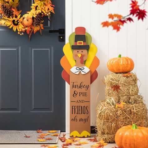 Rustic Thanksgiving Decorations, Thanksgiving Wood Crafts, Thanksgiving Inflatables, Wooden Turkey, Colorful Wings, Turkey Decor, Pumpkin Display, Metal Bow, Wooden Porch