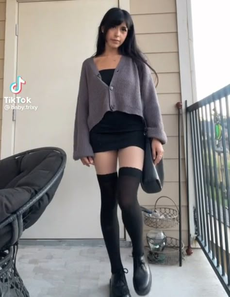 Thigh Socks Outfit Aesthetic, Outfits With Fleece Tights, Outfits With Thigh Highs, Knee High Stockings Outfit, Knee High Socks Outfit Aesthetic, Ulta Outfits, Goth Date Outfit, Dark Feminine Outfits Casual, Feminine Grunge Outfits