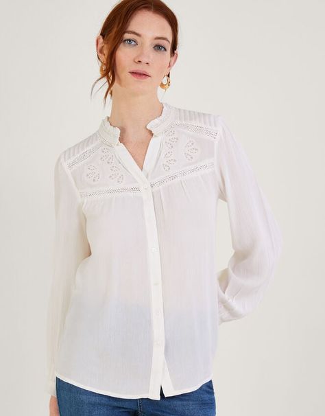 Lace Insert Blouse in LENZING™ ECOVERO White Sustainable Fabric, High Leg Boots, Lace Insert, Lace Shirt, Sustainable Fabrics, White Tops, How To Take Photos, The Journey, Womens Clothing Tops