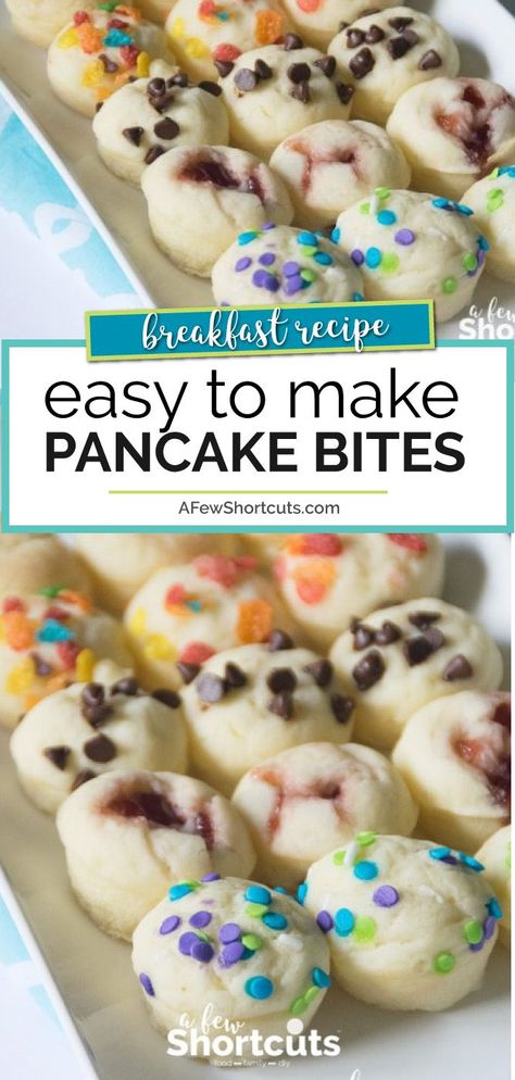 What a great grab and go breakfast idea! This Easy Pancake Bites recipe is just that easy! Can be made for anyone's taste plus can be made gluten free! #breakfast #glutenfree #kidfood #recipe #pancake #backtoschool via @afewshortcuts Dinner Pancakes, Pancake Bites Recipe, Easy Pancake, Pancake Bites, Grab And Go Breakfast, Birthday Breakfast, Pancakes Easy, Breakfast Idea, Breakfast On The Go