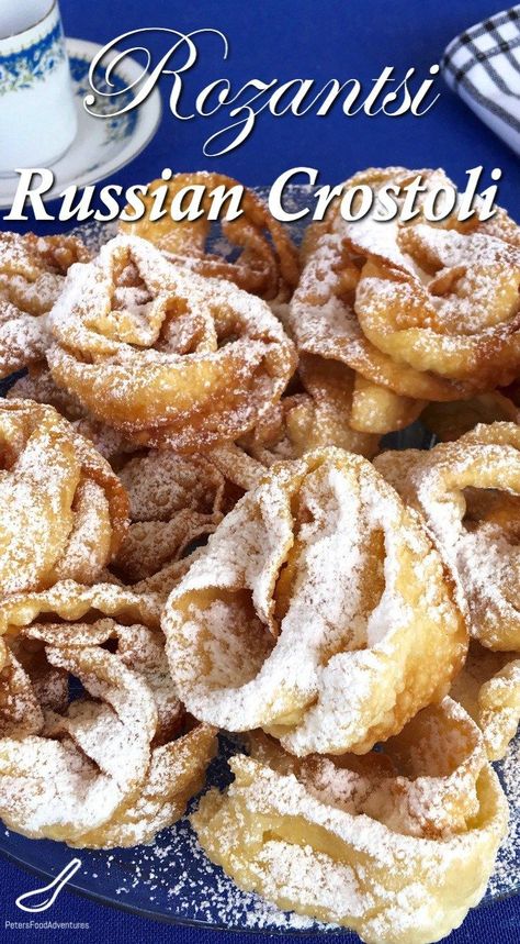 Just like babushka made... This rose-shaped, sweet, crispy, deep fried dessert is also known as Angel Wings, Crostoli, Faworki, Raderkuchen, Bugnes, Hvorost and more. Deep Fried Desserts, Fried Pastry, Fried Dessert, International Desserts, Applesauce Cake, Top Chicken Recipes, Ukrainian Recipes, Homemade Tacos, Pastry Desserts