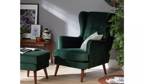 Green Armchair Living Room, Green Chair Living Room, Green Velvet Armchair, Velvet Wingback Chair, Velvet Footstool, Green Armchair, High Back Chairs, Velvet Chair, Velvet Armchair