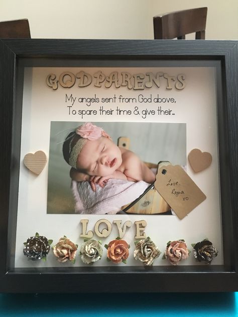 Godparents DIY Shadow Box Gift Godparent Request Ideas Diy, Godparents Proposal Ideas Diy, Godparent Request Ideas, Godparent Request, Personalized Godmother Gifts, Birth Announcement Design, Baby Shadow Box, Shadow Box Gifts, Diy Shadow Box