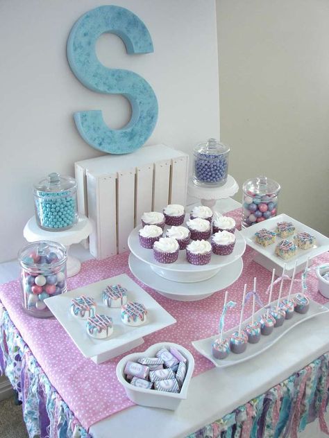 Gorgeous treats at a pajama birthday party! See more party ideas at CatchMyParty.com! Candy Buffet Ideas Birthday, Small Dessert Table, Pajamas Birthday Party, Pjs Party, Sleepover Fun, Pajama Birthday Parties, Party Buffet Table, 11 Birthday, Party Cake Table