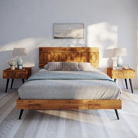 Modern Queen Bed Frame, Geometric Headboard, 12 Strong, Mid Century Modern Bed, Bedroom Stuff, Luxury Bedroom Furniture, Modern Bed Frame, Wood Platform Bed Frame, Solid Wood Platform Bed