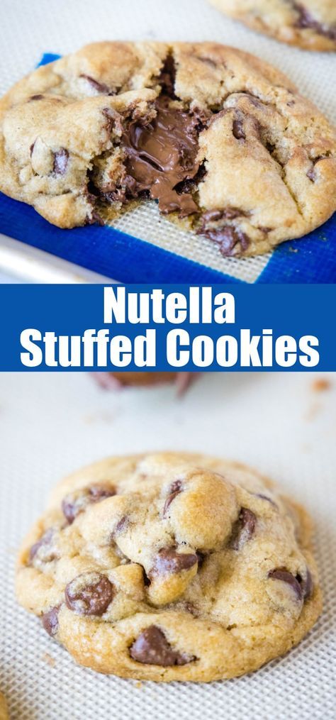 Nutella Stuffed Chocolate Chip Cookies - classic soft and chewy chocolate chip cookies that have a delicious chocolate Nutella center! Chocolate Nutella Cookies, Nutella Cookies Recipe, Nutella Chocolate Chip Cookies, Stuffed Chocolate Chip Cookies, Friends Recipes, Stuffed Cookies, I'm Fat, Best Chocolate Desserts, Nutella Cookies