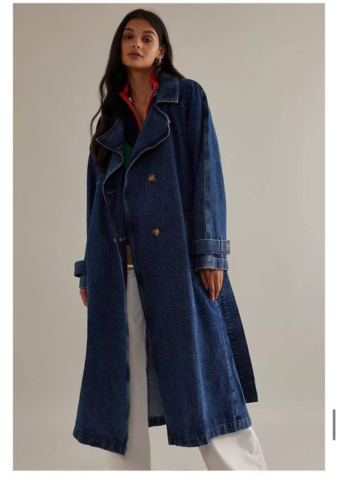 Denim Trench Coat Outfit, Seventy Mochi, Mode Mantel, Denim Coat Women, Trench Coat Outfit, Denim Trench Coat, Blue Trench Coat, Anthropologie Uk, Sleeveless Knit Top