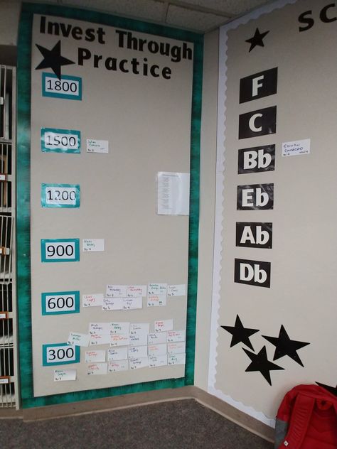 I team Excellence, Investment, and Honor as part of my core principles in band. Practice is an investment into their own ability but also with the band. Scales are also a major accomplishment. Each milestone earns them several small incentives. Band Room Aesthetic School, Band Room Decor School, Band Classroom Decor, Band Room School, Band Room Ideas High School, Band Room Ideas, Band Classroom, Teaching Orchestra, Middle School Band