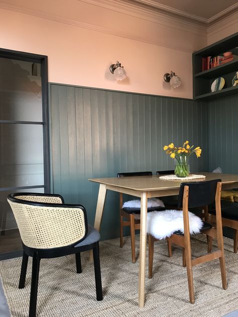 Colour scheme and panelling Panelled Wall Kitchen, Colourful Panelling, Pink Room Panelling, Setting Plaster Panelling, Setting Plaster Colour Scheme, Dusty Pink Panelling, Setting Plaster Kitchen, Dusty Pink Panelling Bedroom, Panelled Walls Dining Room