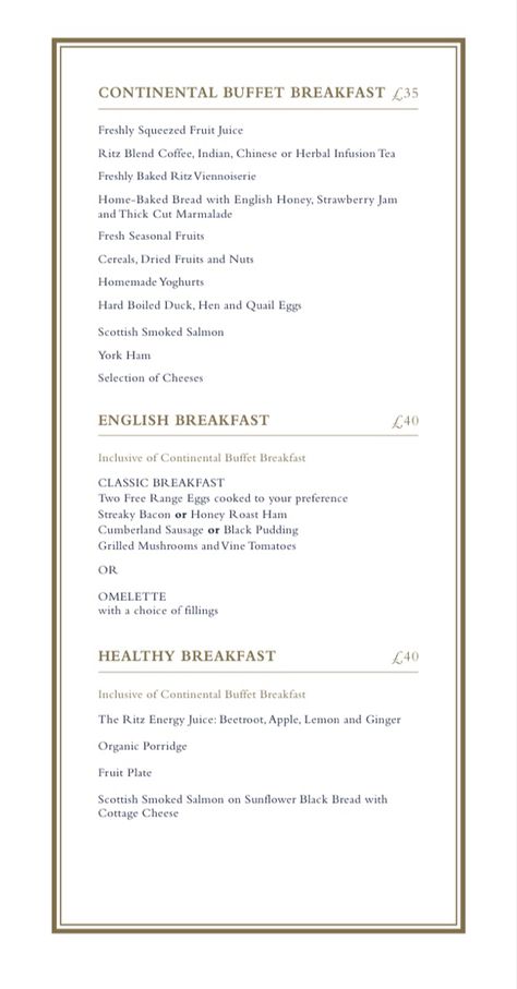 Continental Breakfast Menu, Continental Breakfast Buffet, Honey Roast Ham, The Ritz London, Hotel Breakfast Buffet, Cumberland Sausage, Fruit Cereal, Black Pudding, Hotel Breakfast