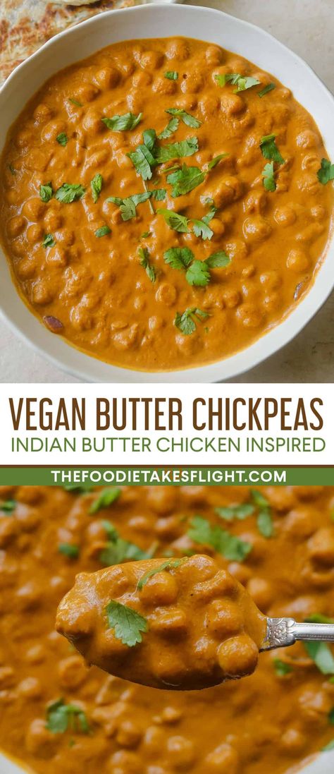 Vegan Butter Chicken Sauce, Butter Chickpeas Vegan, Vegan Butter Chicken Chickpeas, Butter Chickpea Recipe, Lentil Butter Chicken, Indian Butter Chickpeas, Butter Chicken With Chickpeas, Butter Chicken Vegetarian, Vegan Butter Chickpeas