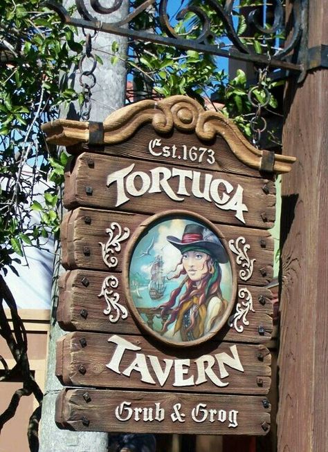 Tortuga Tavern Diy Tavern Sign, Tavern Decor, Pirate Room, Pirate Decor, Bbq Menu, Storefront Signs, Pirate Halloween, Pub Signs, Disney Food Blog