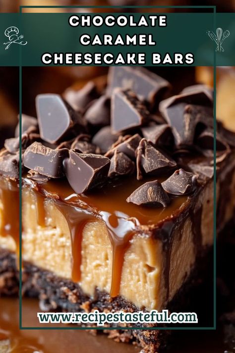 Indulge in these rich and decadent Chocolate Caramel Cheesecake Bars, featuring a fudgy brownie base, creamy cheesecake layer, luscious caramel sauce, and a smooth chocolate topping. Perfect for any occasion, these bars are sure to satisfy your sweet tooth! Caramel Brownie Cheesecake, Chocolate Caramel Cheesecake, Caramel Cheesecake Bars, Recipe Ingredients List, Cheesecake Layer, Brownies Recipe Homemade, Fudgy Brownie, Chocolate Chip Cheesecake, Caramel Brownies