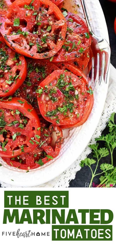 An easy recipe with simple ingredients, this Marinated Tomatoes Salad is the perfect recipe to use up tomatoes from your garden! This recipe is scrumptious on its own as a salad, makes the best marinated tomatoes for bruschetta, or is great as a versatile side dish! Bruschetta Side Dish, Soft Tomatoes What To Do With, Recipes With Tomatoes From Garden, Marinade Tomatoes, Use Up Tomatoes, Tomatoes Salad, Halloween Food Appetizers, Marinated Tomatoes, Tomato Salad Recipes