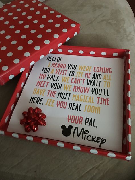 Disney Trip Gift Bag Ideas, Disney For Christmas Gift, Disney Surprise Trip Ideas Christmas Gifts, Christmas Gifts For Disney Trip, Disney Birthday Gifts, Disneyland Christmas Gift Surprise, Disney Reveal Box Ideas, Disneyland Surprise Box Ideas, Disney Trip For Christmas Present