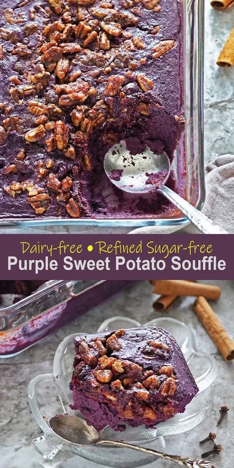 Made with dried cranberries, coconut milk, hints of cinnamon, vanilla, cloves, nutmeg, and cardamom, this Easy Purple Sweet Potato Soufflé with Cranberries is dairy-free and refined sugar-free. Ube Potato Casserole, Purple Sweet Potato Ice Cream, Mashed Purple Sweet Potatoes, Purple Sweet Potato Cake, How To Cook Purple Sweet Potatoes, Sweet Potato Sweets, Purple Sweet Potato Casserole, Purple Food Recipes, Purple Yam Recipe