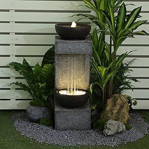 Bumilgar 33.9" H Water Fountain Outdoor Garden Waterfall Decor for Garden, Patio, Backyard, Deck, Porch and Home Art Decor, Modern Tiered Outdoor Fountain with Lights and Stone Planter Front Porch Fountain Ideas, Outdoor Waterfalls, Garden Waterfall, Waterfall Fountain, Waterfalls Backyard, Stone Planters, Water Fountains Outdoor, Outdoor Fountain, Outdoor Garden Decor