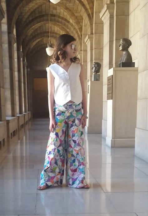 One of a kind quilted wide leg pants. #kaleidoscopequilt #quiltedclothing #tweenclothes Quilted Pants Pattern, Upcycled Quilt Clothes, Quilted Jeans, Quilt Pants, Quilt Clothes, Quilt Coats, Red Pepper Quilts, Quilted Pants, Quilted Projects