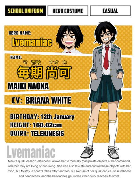 Maiki Naoka, 15 year old student at Class 1-A in UA High Class 1b, Mha Stuff, Class 1 A, Character Collection, Hero Costumes, School Uniforms, Year Old, Anime, Quick Saves