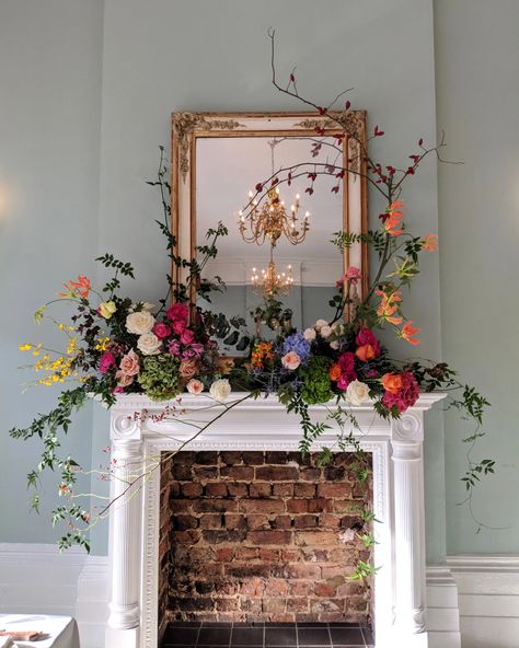 Weddings – Gail Smith Flowers Mantel Flower Arrangements, Mantel Floral Arrangements, Spring Fireplace, Spring Fireplace Decor, Mantel Flowers, Spring Mantle Decor, Wedding Fireplace, Flower Installation, Bright Wedding