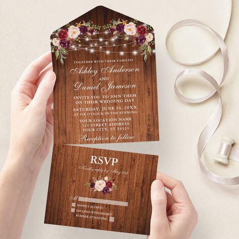 Wine Vineyard Wedding, Rustic Wood Wedding, Wedding Burgundy, Wedding Watercolor, String Lights Wedding, Spring Wedding Invitations, Country Wedding Invitations, Winter Wedding Invitations, Wedding Invitations Boho