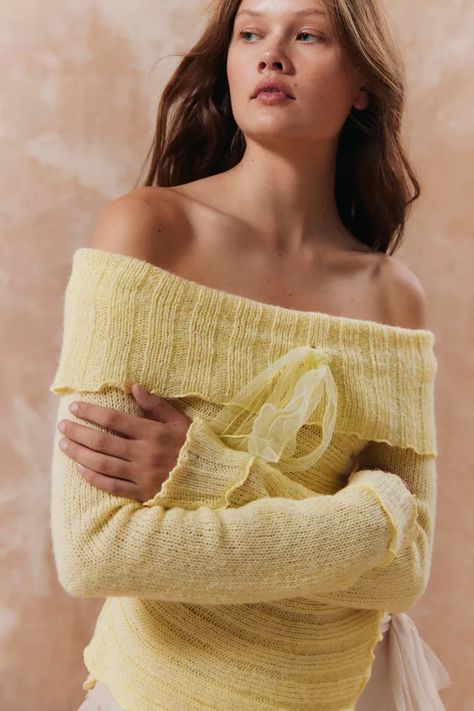 Off The Shoulder Knit Sweater, Off The Shoulder Knit, Kimchi Blue Dress, Off The Shoulder Tops, Soft Cardigan, Shoulder Tops, Kimchi Blue, Yellow Sweater, Cozy Knits