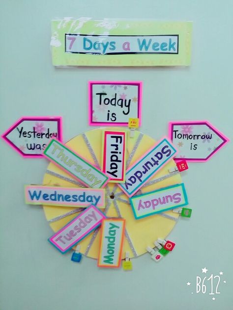 Spinning 7 days a week School Calander Ideas Diy, Week Names Chart, Days Of Week Chart Preschool, Days Of The Week Classroom Decoration, Days Of The Week Chart Classroom Decor, Days In Week, Classroom Decor Diy, Days Of The Week Chart, Rainbow Calendar