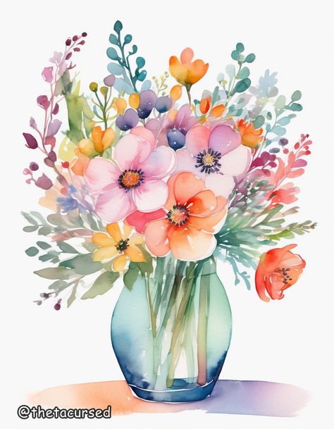 Watercolor Dreams Series, artwork by ThetaCursed, License for use: CC BY-NC 4.0 Watercolor Flowers In Vase, Watercolor Vase, Bohemian Pictures, Series Artwork, Painting Of Flowers, Flowers In Vase, Flowers In A Vase, Vase Of Flowers, Hand Painted Sarees