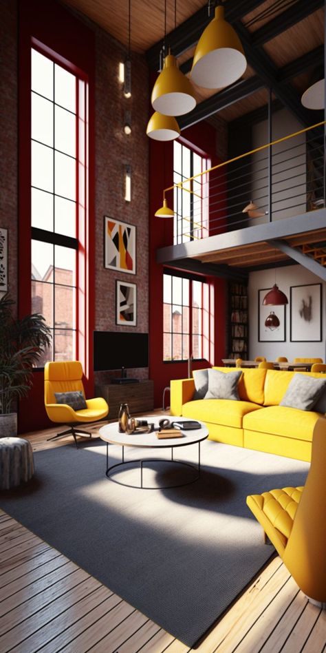 Contemporary Loft Living Room, Urban Loft Apartment, Colorful Loft, Colorful Industrial, Loft Style Living Room, Industrial Style Interior Design, Urban Modern Interior Design, Loft Aesthetic, Red Interior Design