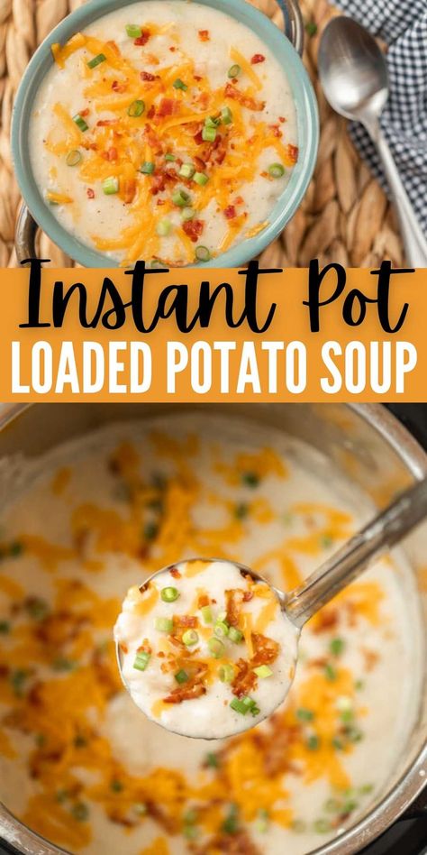 Instant Pot Loaded Baked Potato Soup - Ready in only 10 minutes! Potato Soup Cream Cheese, Potato Soup Video, Instant Pot Loaded Potato Soup, Loaded Potato Soup Recipe, Bisquick Dumplings, Loaded Baked Potato Soup Recipe, Baked Potato Toppings, Baked Potato Soup Recipe, Soup Video