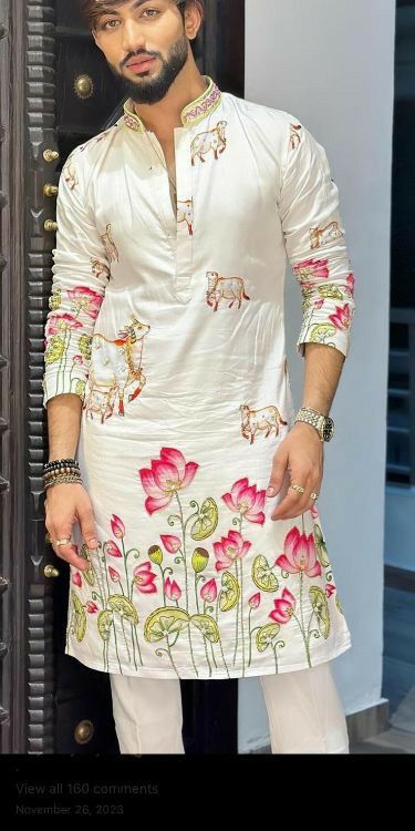 White Suit With Embroidery, Hand Painted Haldi Outfit, Ikkat Shirts For Men, Pichwai Kurta Men, Wedding Outfit Indian Men, Kalamkari Kurta Designs For Men, Kurta Painting Design For Man, Hand Painted Kurta For Men, Kalamkari Kurta