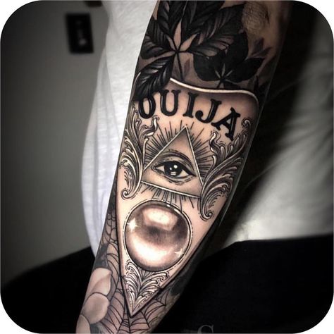 Tattoodo on Instagram: “Ouija planchette made by @nikkisimpsontattoos at @gritnglory 👻 #TATTOODO” Ouija Planchette Tattoo, Paranormal Tattoo, Middle Tattoo, Left Tattoo, Planchette Tattoo, Seeing Eye Tattoo, Ouija Tattoo, Back Of Leg Tattoos, All Seeing Eye Tattoo