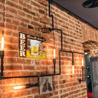 Rustic Basement Bar, University Rooms, Beer Serving, Rustic Basement, Diy Home Bar, Basement Design Ideas, Marquee Sign, Basement Makeover, Beer Signs