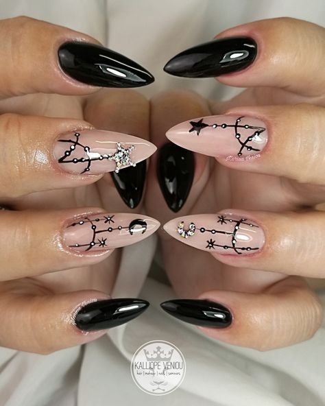 Matte Black Gel Nails Ideas, Nude Witchy Nails, Black Moon Nails, Black And Nude Nails, Mandala Nails, Witchy Nails, Halloween Acrylic Nails, May Nails, Moon Nails