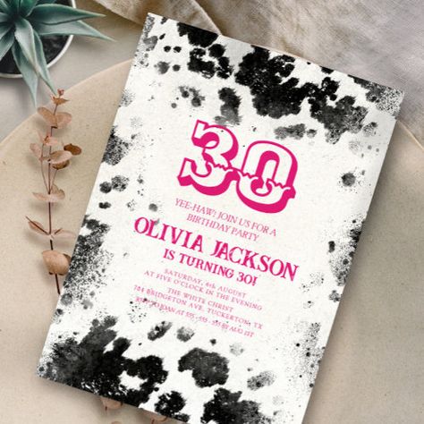 $2.92 | Chic Rustic Cow Print Hot Pink 30th Birthday Party | Birthday Invitations | cow print, hot pink, adult, 30th birthday, 30th birthday invitations, country western party, rustic chic party, ranch country farmhouse, cowgirl birthday invitation, western birthday party Western Theme 30th Birthday, Disco Cowgirl 30th Birthday, Country 30th Birthday Party, Western 30th Birthday Party, Cow Print Invitations, Cowgirl 30th Birthday Party, Pink 30th Birthday Party, Pink 30th Birthday, Birthday Vegas