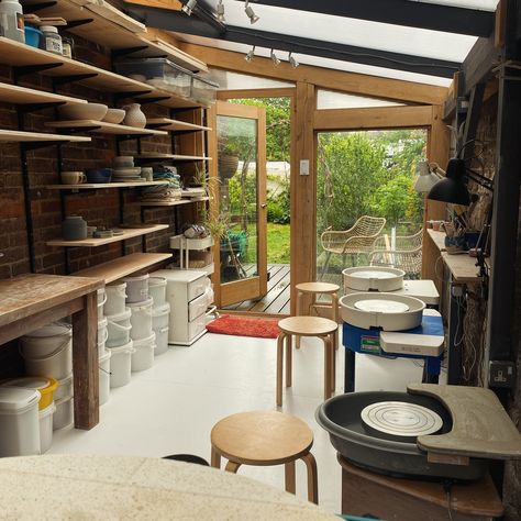 The pottery has had a refresh, creating more space and better, more adaptable shelving thanks to @jimclabs 💕 I love it when this little studio is full of people doing workshops & creating pots, but sometimes when the old shelves were getting full I found it difficult to settle into making my own work and it constantly felt like a game of pottery Tetris! I don’t think potters ever feel like they have enough shelf space, but this will definitely help. Small Home Ceramic Studio, Pottery Studio Storage Ideas, She Shed Pottery Studio, Garden Pottery Studio, Outdoor Pottery Studio, Pottery Shed Ceramic Studio, Tiny Pottery Studio, Pottery Studio Design, Pottery Shelves