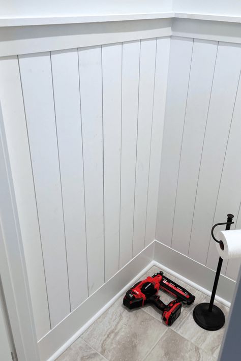 Pickled Shiplap Wall, Small Shiplap Wall, How To Install Vertical Shiplap, Shiplap Wainscoting Ideas, Horizontal Shiplap Half Wall, Bathroom Shiplap Half Wall, Shiplap Wall In Bathroom, Half Shiplap Wall Bathroom, Vertical Shiplap Entryway