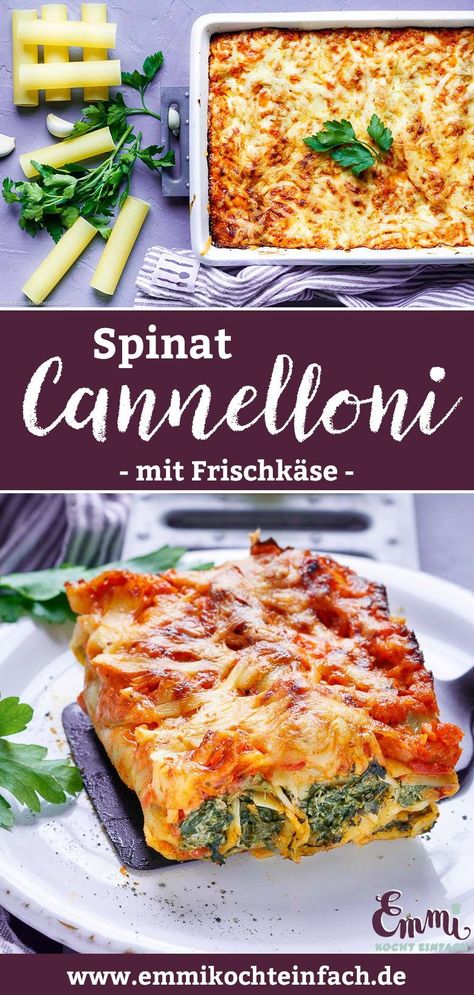 Meine vegetarischen Cannelloni mit Spinat-Frischkäse Füllung schmecken wie beim Italiener. Die einfachen Cannelloni mit Spinat in einer cremigen Tomatensoße sind mit einer überbackenen Käsekruste gekrönt. Mein Rezept funktioniert sowohl mit TK-Spinat als auch frischer Spinat und erklärt Dir wie man die Teig-Röllchen ganz einfach füllt. Familienessen Rezepte | Leckere vegetarische Gerichte | Gesundes Mittagessen Night Dinner Recipes, Fresh Eats, Vegan Baking Recipes, Pizza Snacks, Food Goals, Vegan Baking, Classic Food, Soul Food, Savoury Food